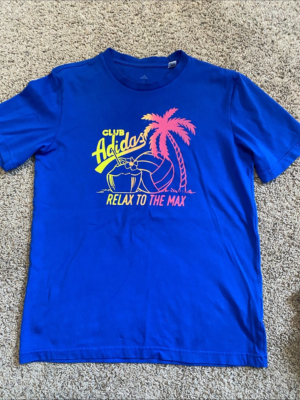 Club adidas Royal Blue Tee with Neon Palm Graphic “relax to the max”
